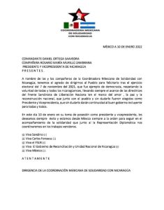 MENSAJE DE LA COORDINACIÓN MEXICANA DE SOLIDARIDAD CON NICARAGUA