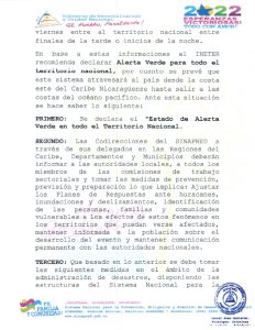 Gobierno de Nicaragua declara alerta verde y amarilla en todo el país1
