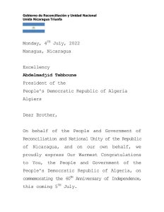 Nicaragua envía felicitaciones a la República Argelina Democrática y Popular