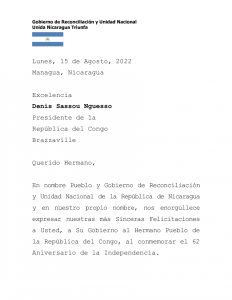 Nicaragua felicita a la República del Congo por su 62 Aniversario de la independencia 
