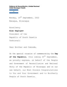 Gobierno de Nicaragua envía mensaje a la República de Osetia del Sur