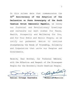 Gobierno de Nicaragua envía mensaje a la República de Osetia del Sur