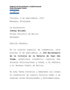 Gobierno de Nicaragua envía mensaje al Pueblo de Belice