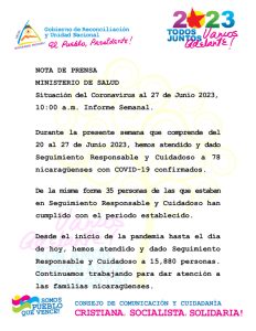 Estado actual del covid-19 en Nicaragua 27 de junio del 2023