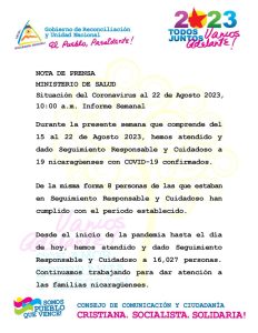 Informe semanal del covid-19 reporta 19 casos durante la semana de agosto 2023