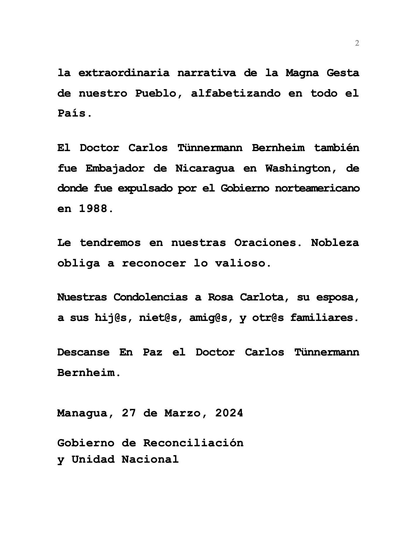 Nota de Prensa por el fallecimiento del Dr. Carlos Tünnermann Bernheim