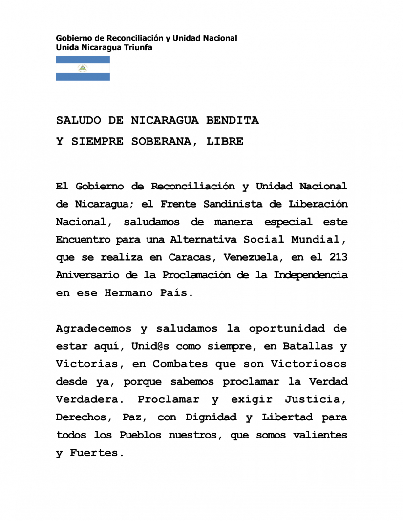 Nicaragua saluda encuentro para una Alternativa Social Mundial 1