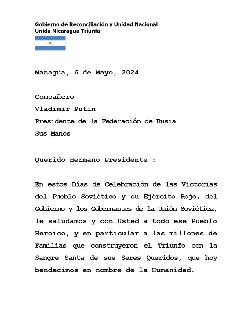 Mensaje de Nicaragua al Presidente de la Federación de Rusia Compañero Vladimir Putin 1