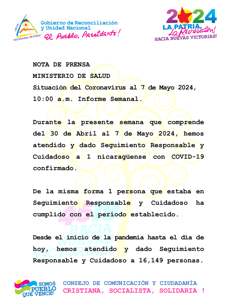 MINISTERIO DE SALUD
Situación del Coronavirus al 7 de Mayo 2024, 10:00 a.m. Informe Semanal.