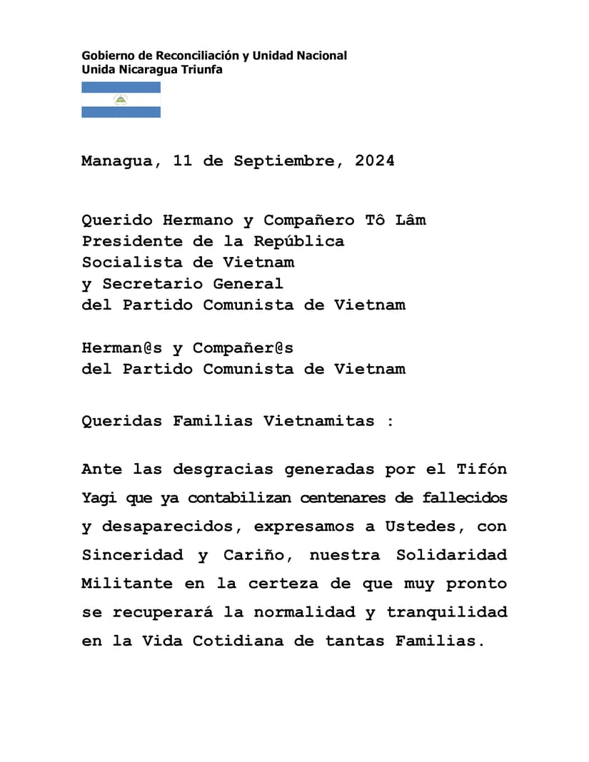 Nicaragua se solidariza con Vietnam ante las desgracias generadas por el Tifón Yagi