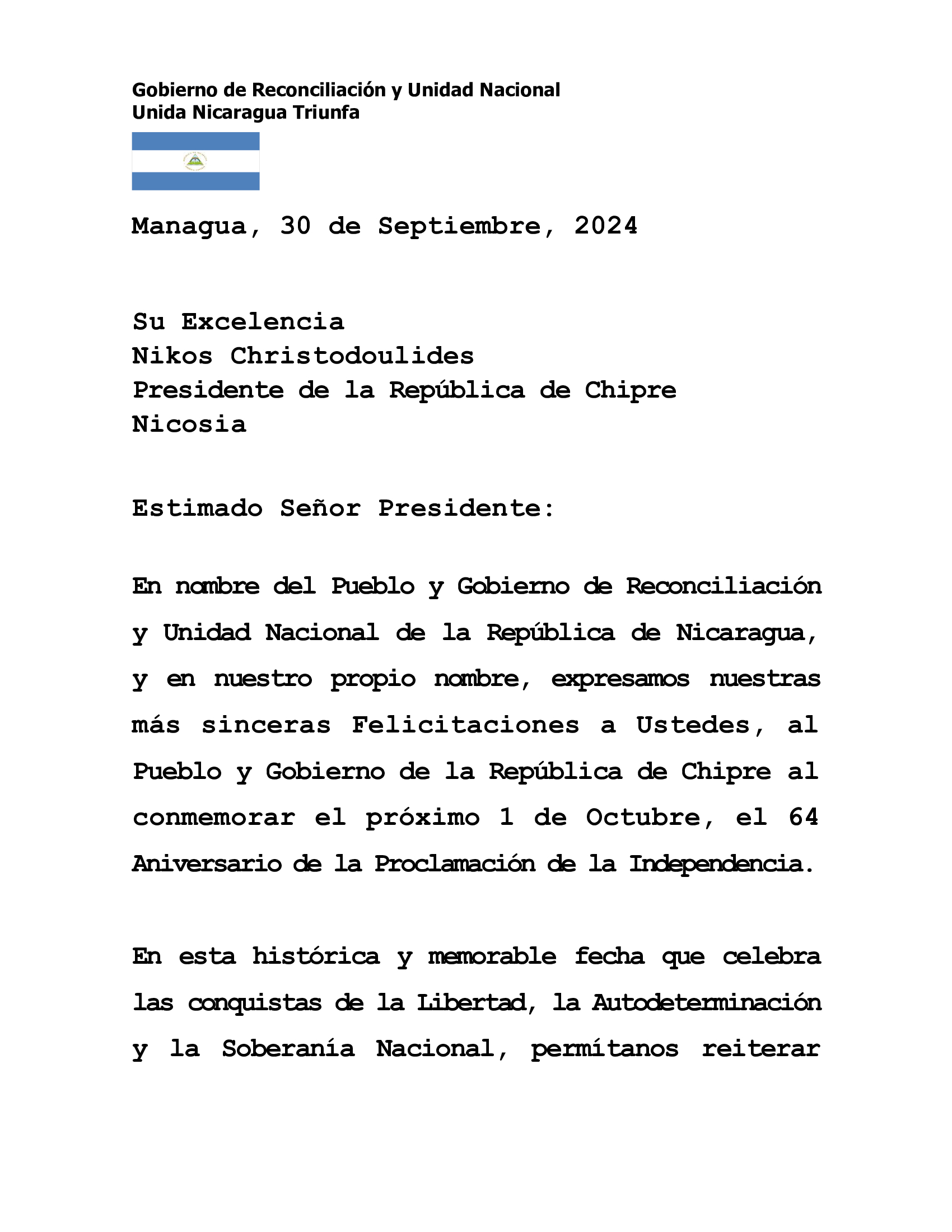 Saludamos al Presidente de Chipre por el 64 aniversario de la Independencia de ese hermano pueblo