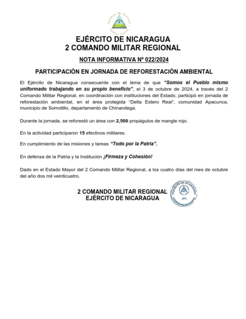 Segundo Comando Militar Regional protagoniza jornada de reforestación ambiental en Chinandega