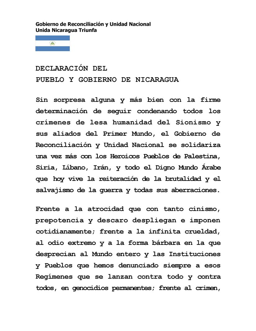 DECLARACIÓN DEL PUEBLO Y GOBIERNO DE NICARAGUA