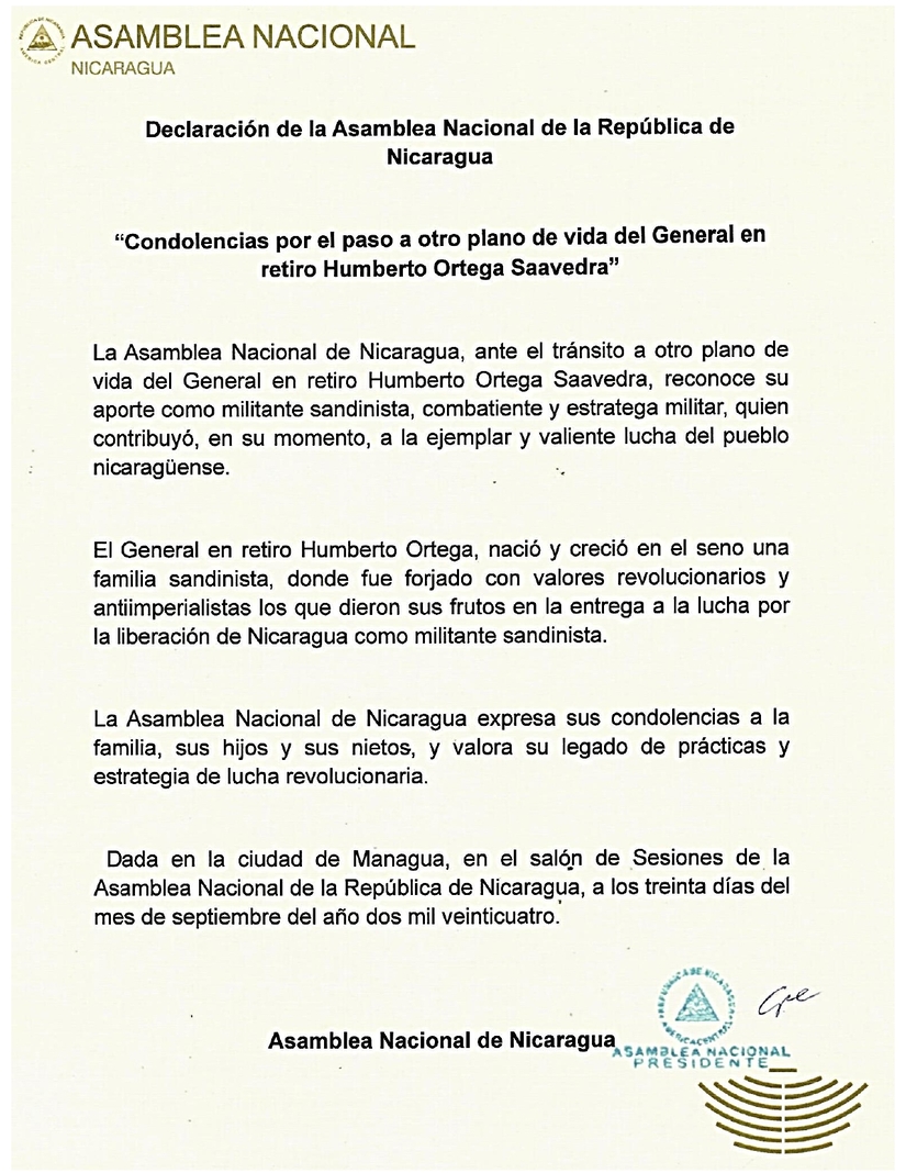 Asamblea expresa condolencias por fallecimiento del General en Retiro Humberto Ortega