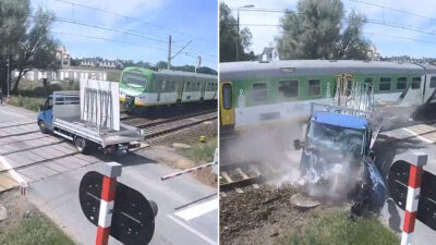 Tren pasa por encima de una furgoneta atrapada