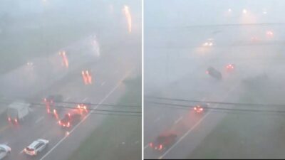 Vehículo es levantado por fuertes vientos durante una tormenta