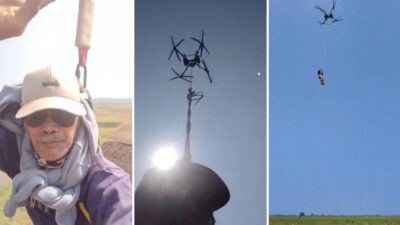 Un agricultor llega a su finca volando en un dron gigante
