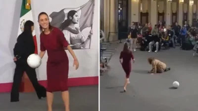 Reportera cae frente a Sheinbaum al intentar quedarse con una pelota